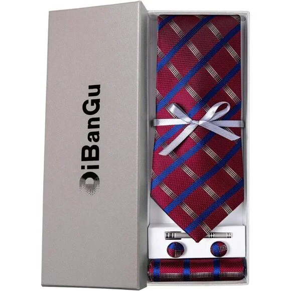 🆕Men Red Plaid Silk Checkered Necktie Pocket Square Cufflinks Tie Clip Set